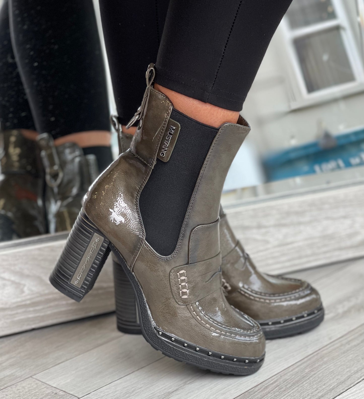 Mustang - Green Metallic Patent Block Heel Boot