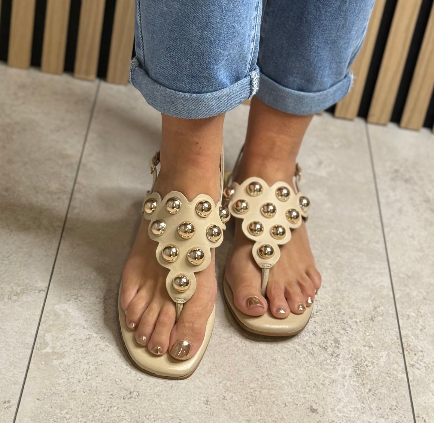 Gioseppo - 'Kaduna' Cream Stud Detail Leather Sandal