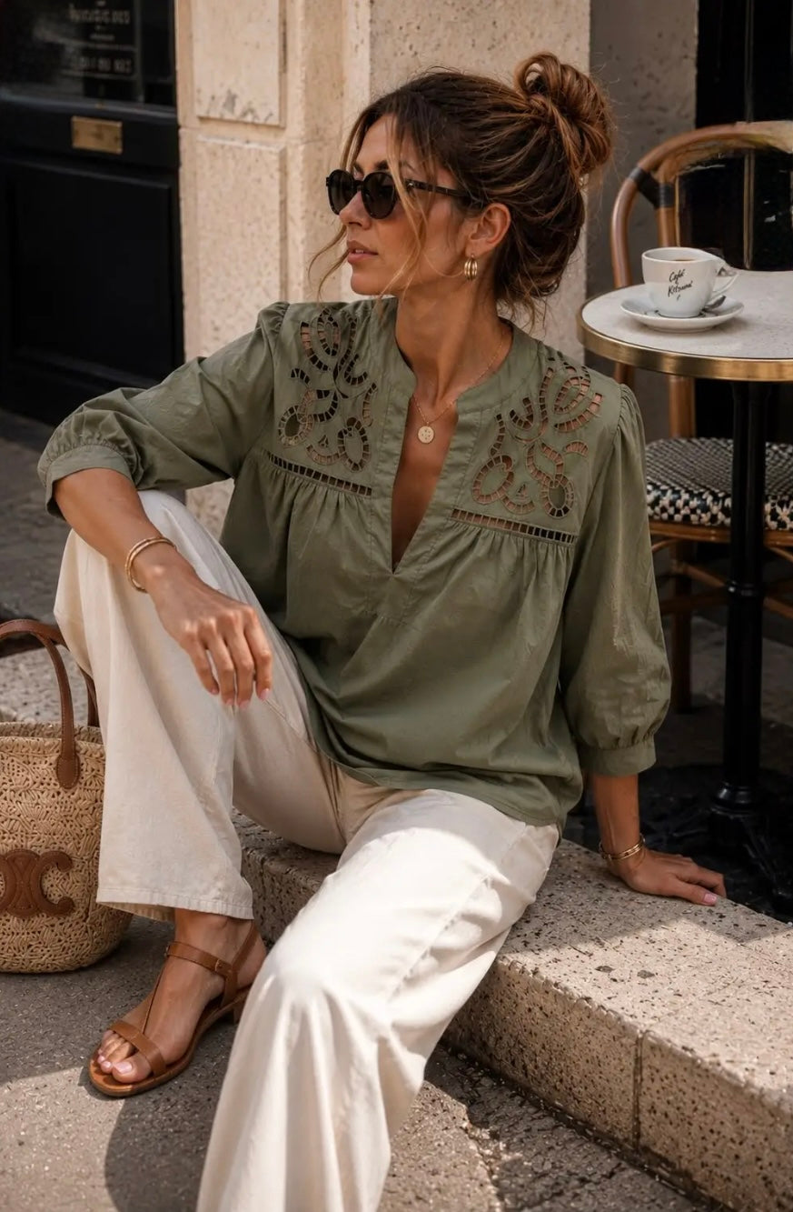 Khaki Openwork Embroidery Blouse