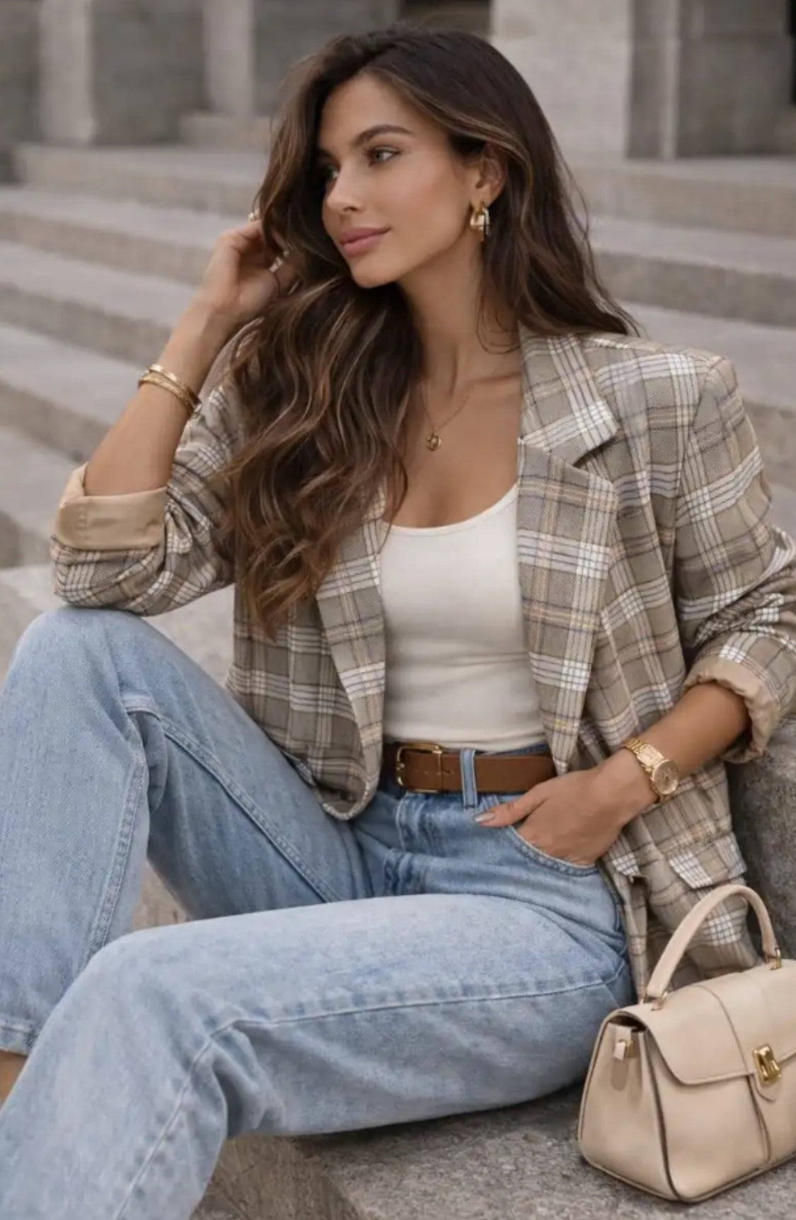Beige Check Oversized Jacket
