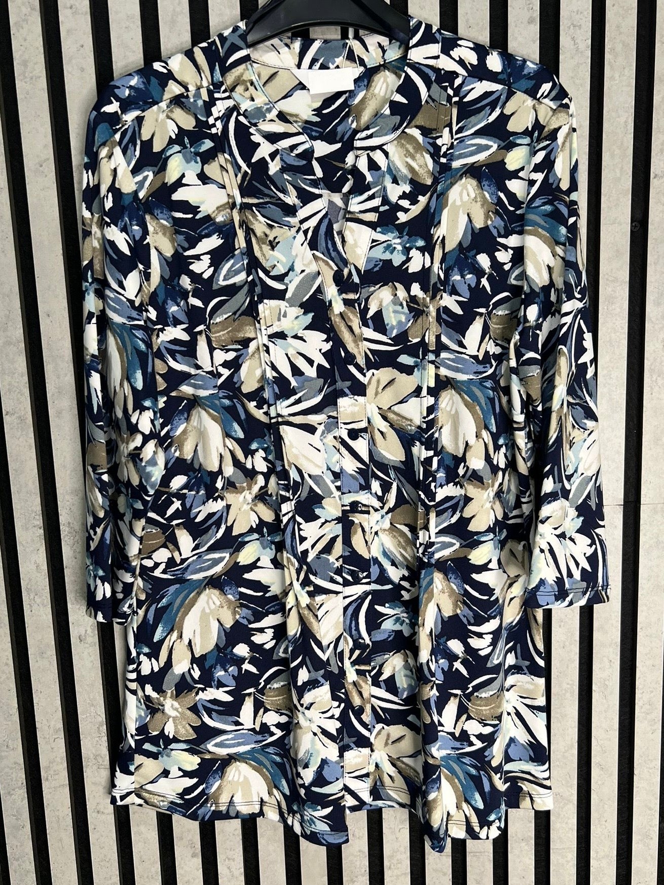 Navy/Taupe Print V Neck Button Blouse