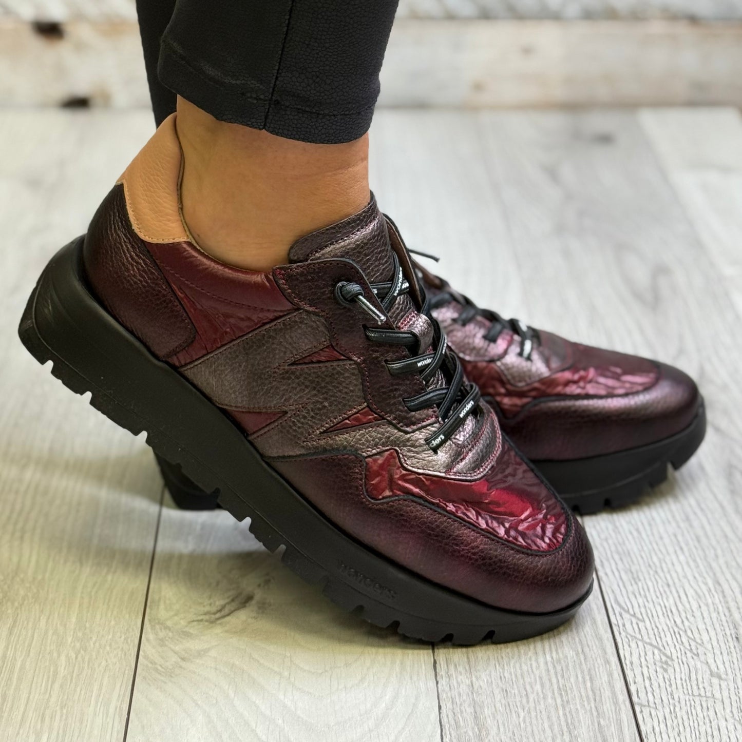 Wonders - A-2491 Wine/Burgundy Combo Leather Trainer