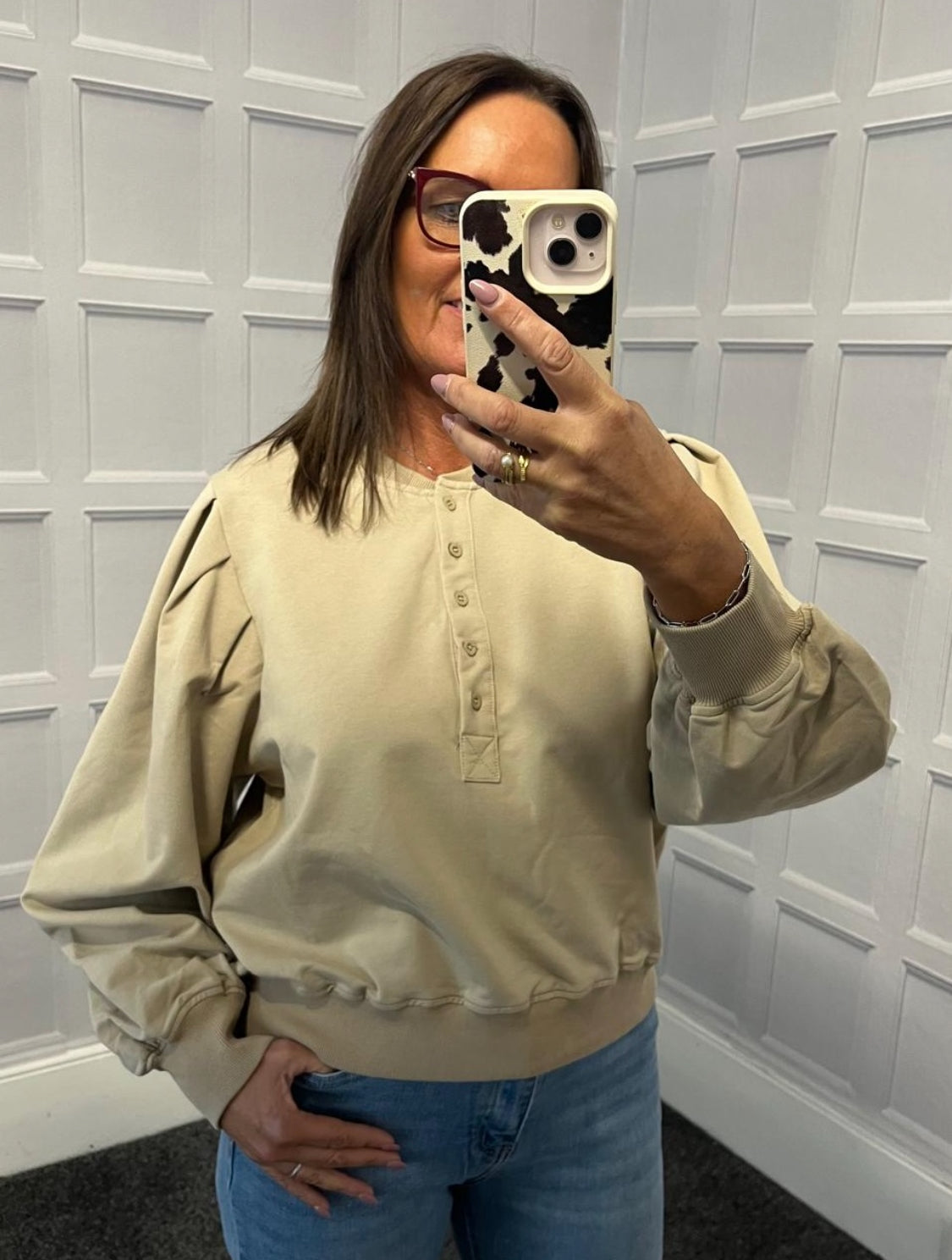 Beige Balloon Sleeve Sweat.