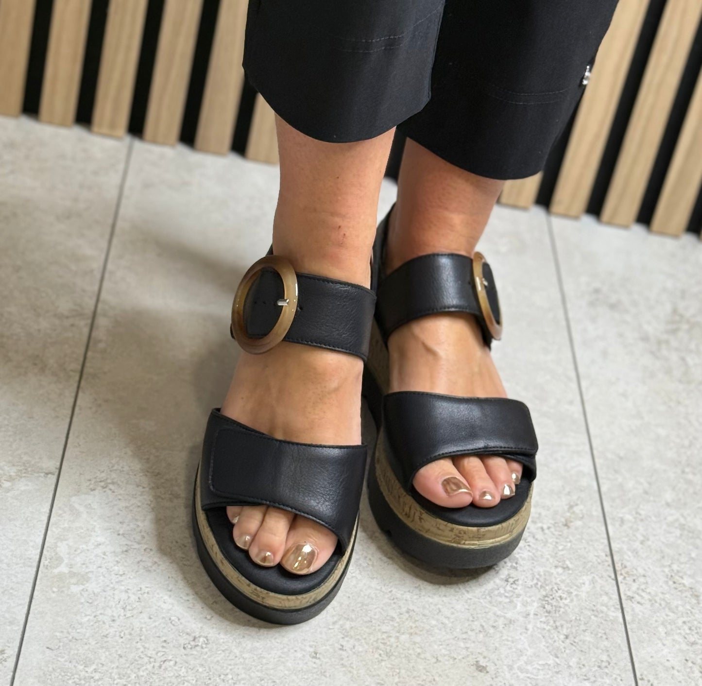 Lotus - 'Cammie' Black Leather Platform Sandal