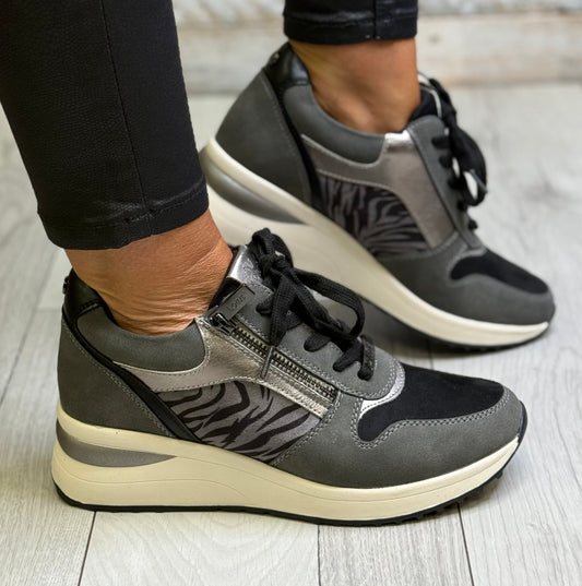 Lotus - 'Moore' Grey Zebra Print Wedge Trainer