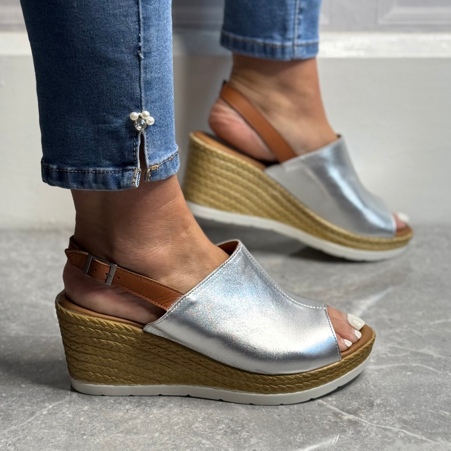 Shoozy - 'Naomi' Silver Leather Wedge Sandal