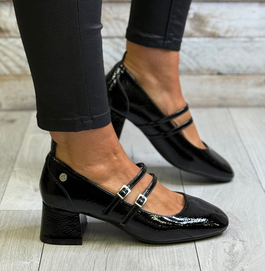 Xti - Black Patent Strap Block Heel Shoe (144255)