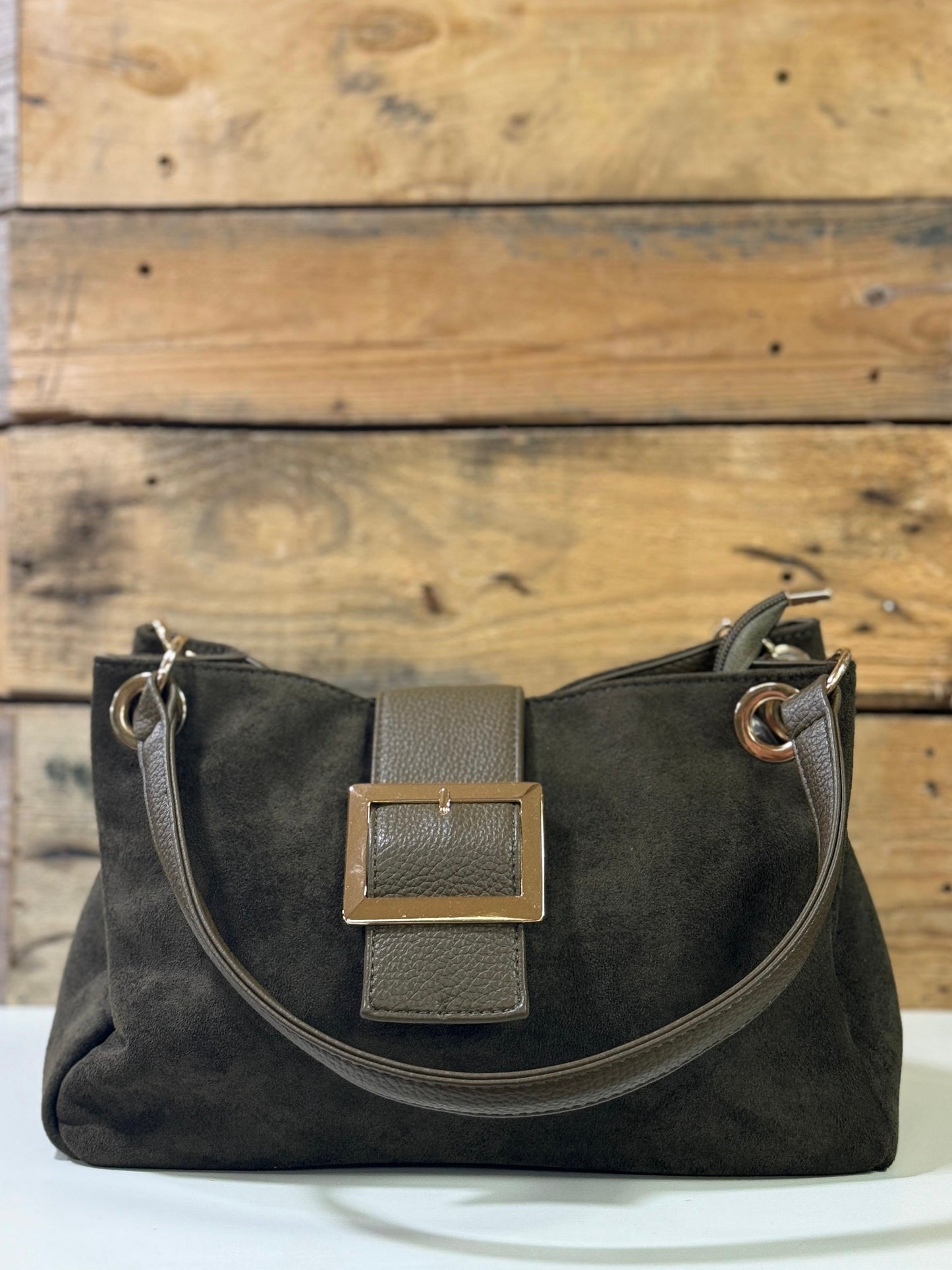 hannah k - 'Ciara' Khaki Faux Suede Buckle Bag