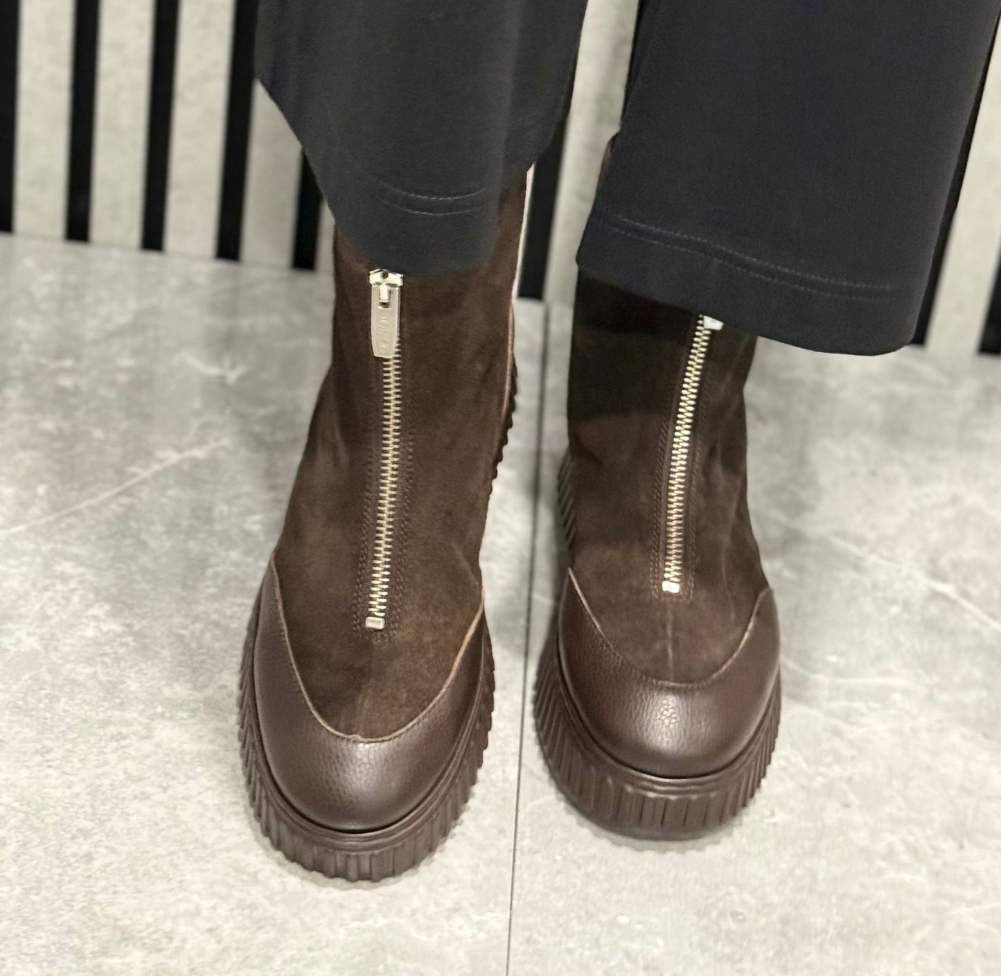 Wonders - A-5202 Brown Suede/Leather Front Zip Platform Boot