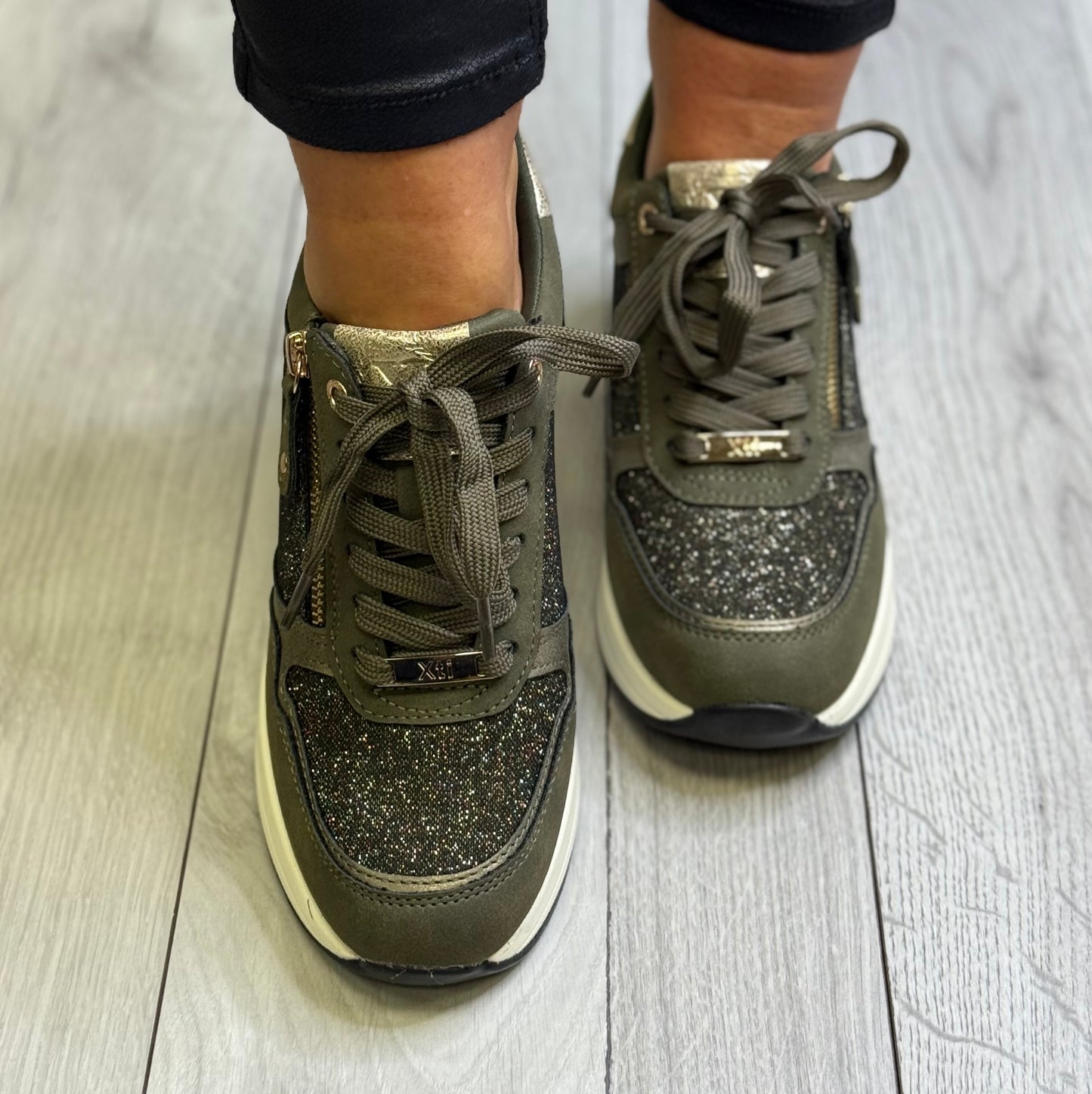 Xti - Khaki Green Glitz Wedge Trainer (144379)