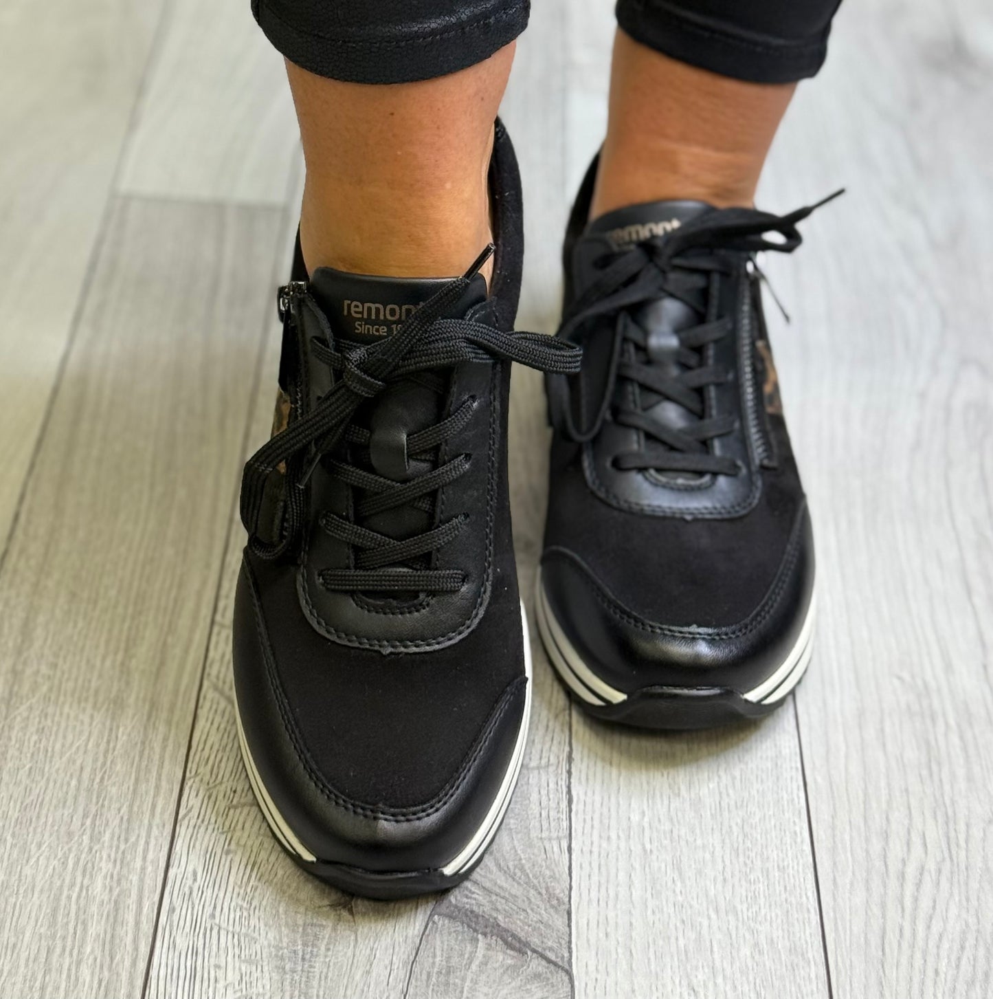 Remonte - Black/Animal Detail Leather Trainer