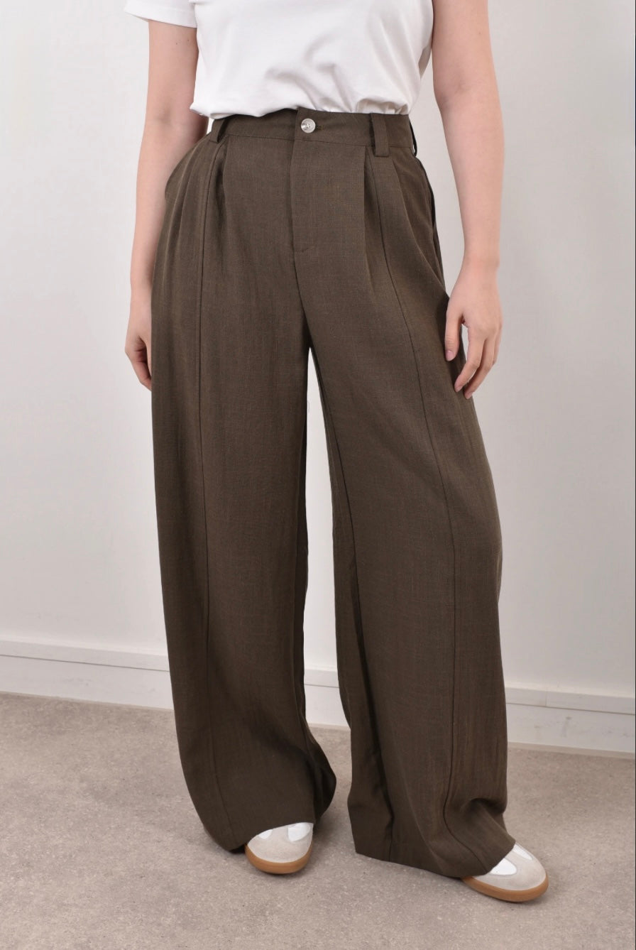 Khaki Wide Leg Linen Trouser