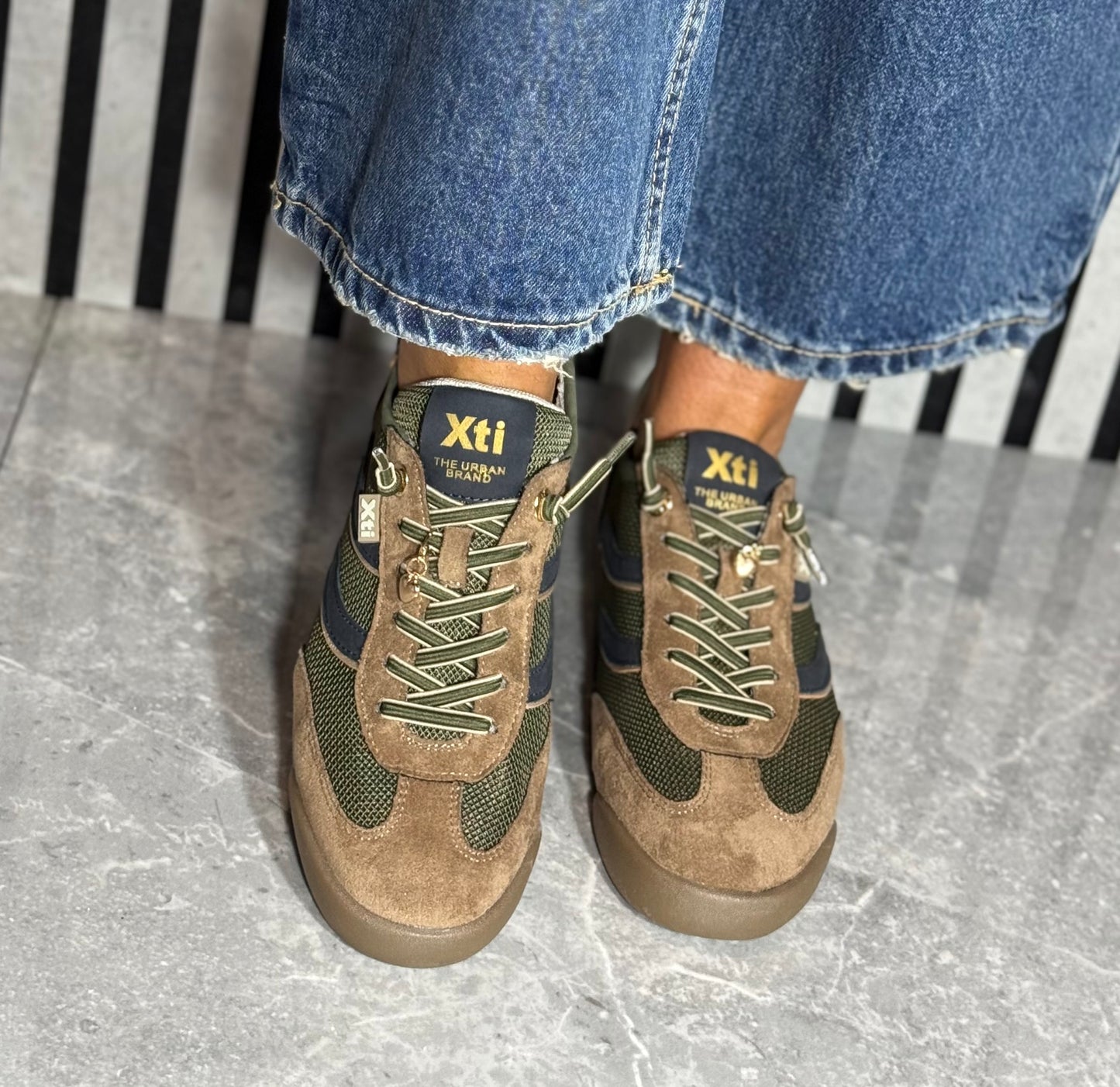 Xti - Khaki Combo Elastic Lace Trainer (146156)