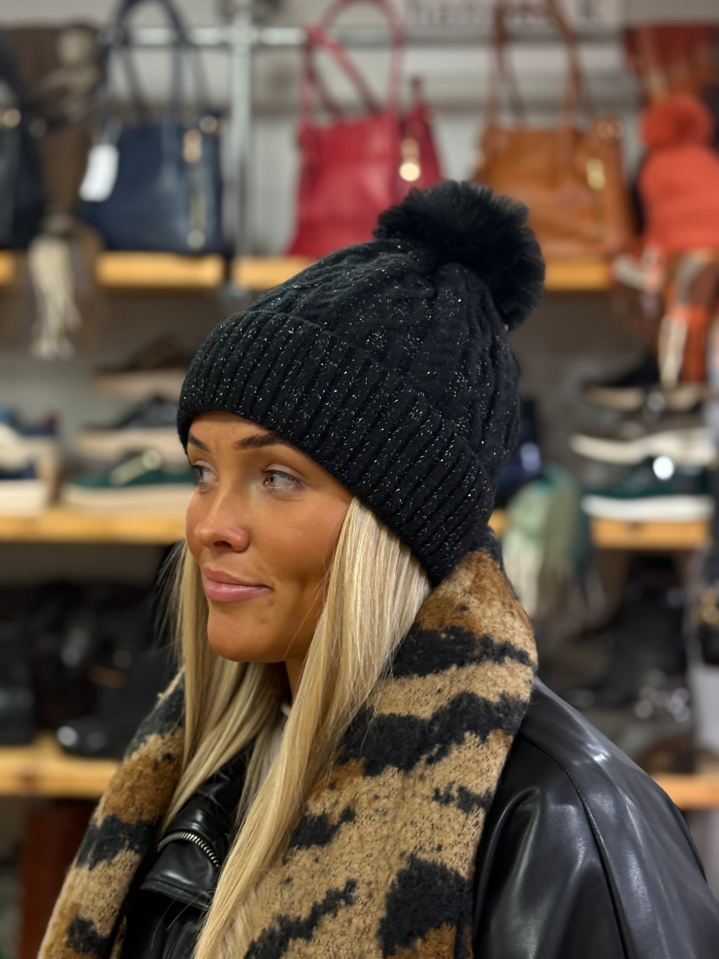 hannah k - Black Sparkle Teddy Pom Pom Hat