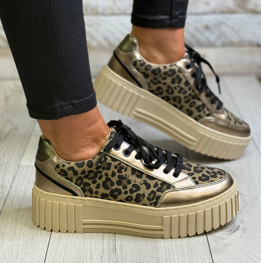 S Oliver - Gold/Leopard Platform Trainer