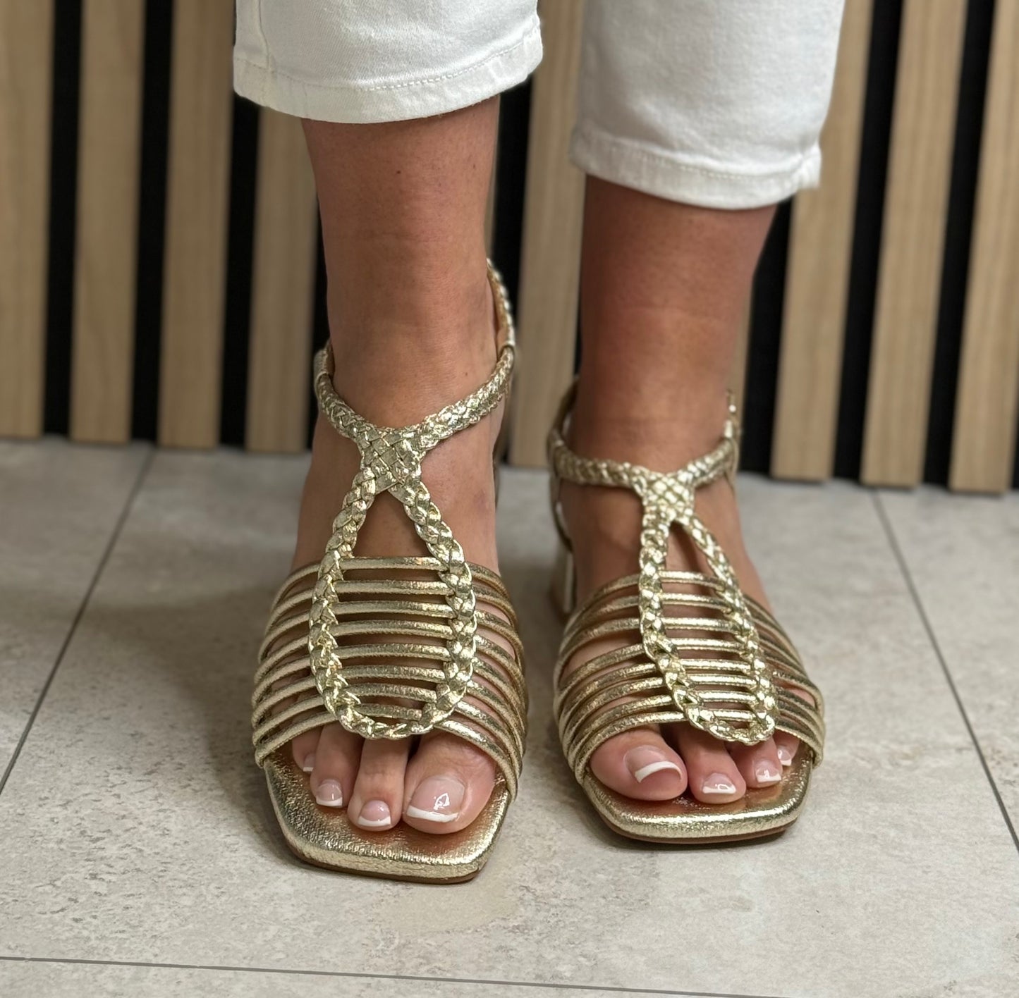 Xti - Gold Metallic Block Heel Strap Sandal (145433)