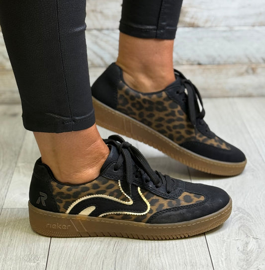Rieker - Black/Animal Print Gum Sole Trainer