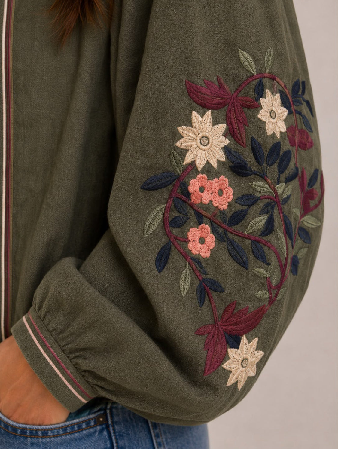 Khaki Edge To Edge Floral Sleeve Jacket.