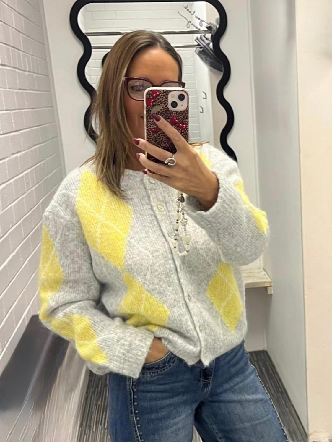 Kilky - Grey/Lemon Argyle Cardigan.