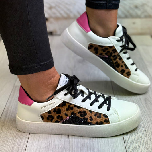 Teddy Smith - White/Animal Print Leather Trainer