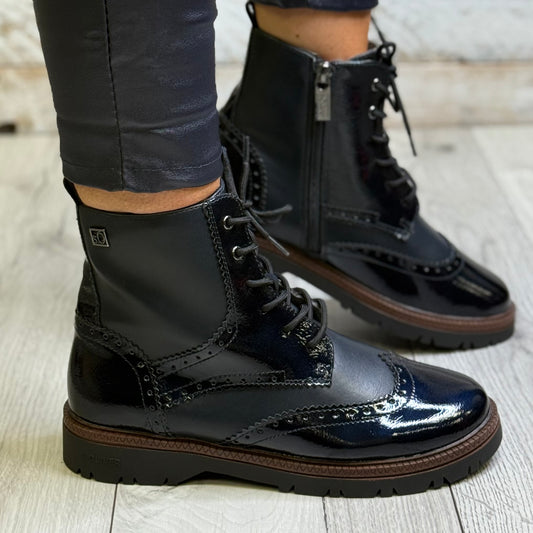 S Oliver - Navy Patent Detail Brogue Boot