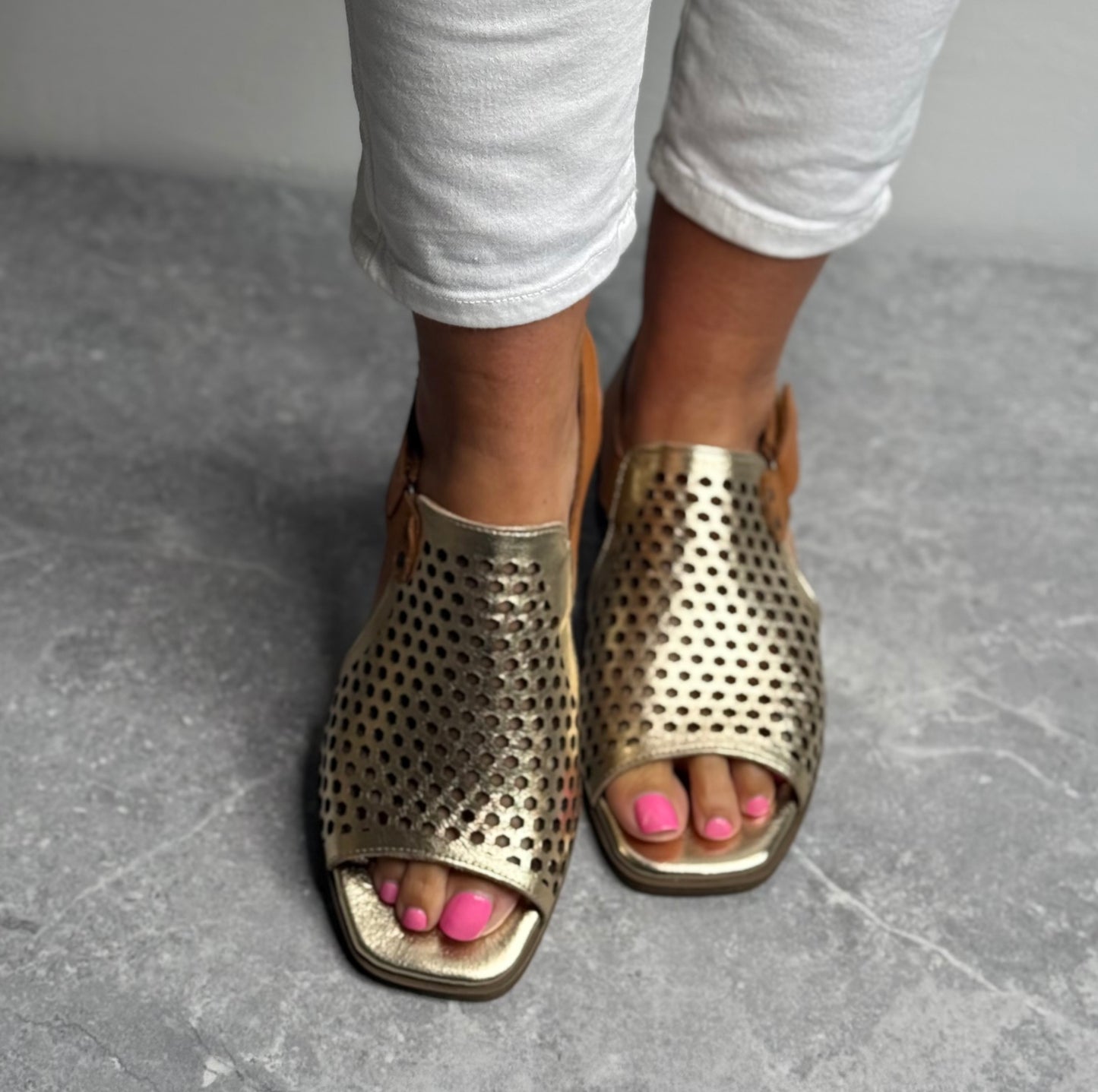 Hannah K - 'Beatrice' Gold Open Detail Leather Sandal