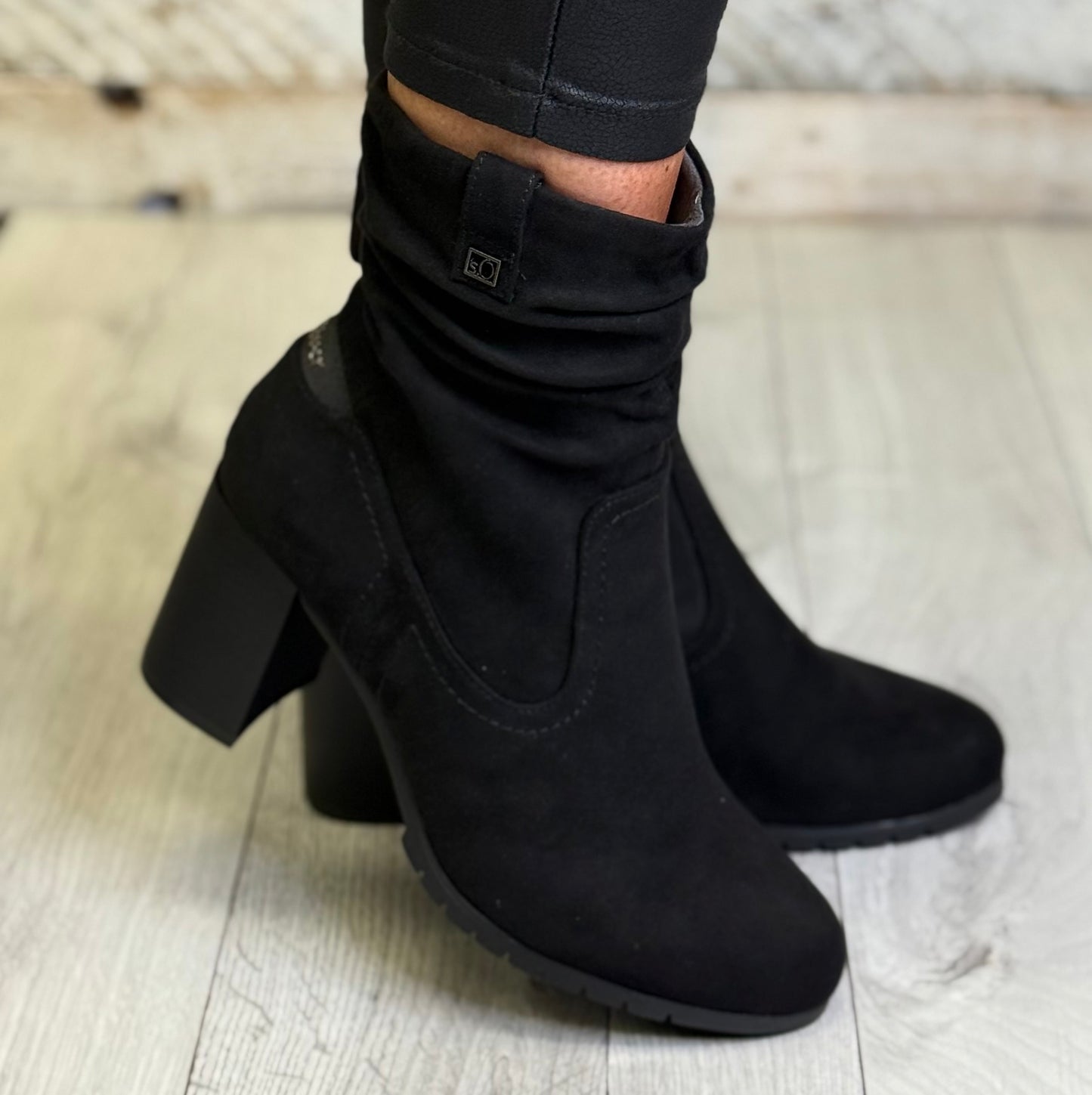 S Oliver - Black Faux Suede Ruched Block Heel Boot