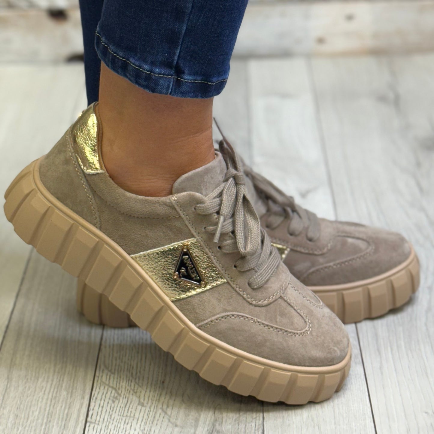 Kate Appleby - ‘Severn' Taupe/Gold Combo Trainer