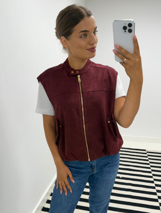 Wine Faux Suede Sleeveless Bomber.k