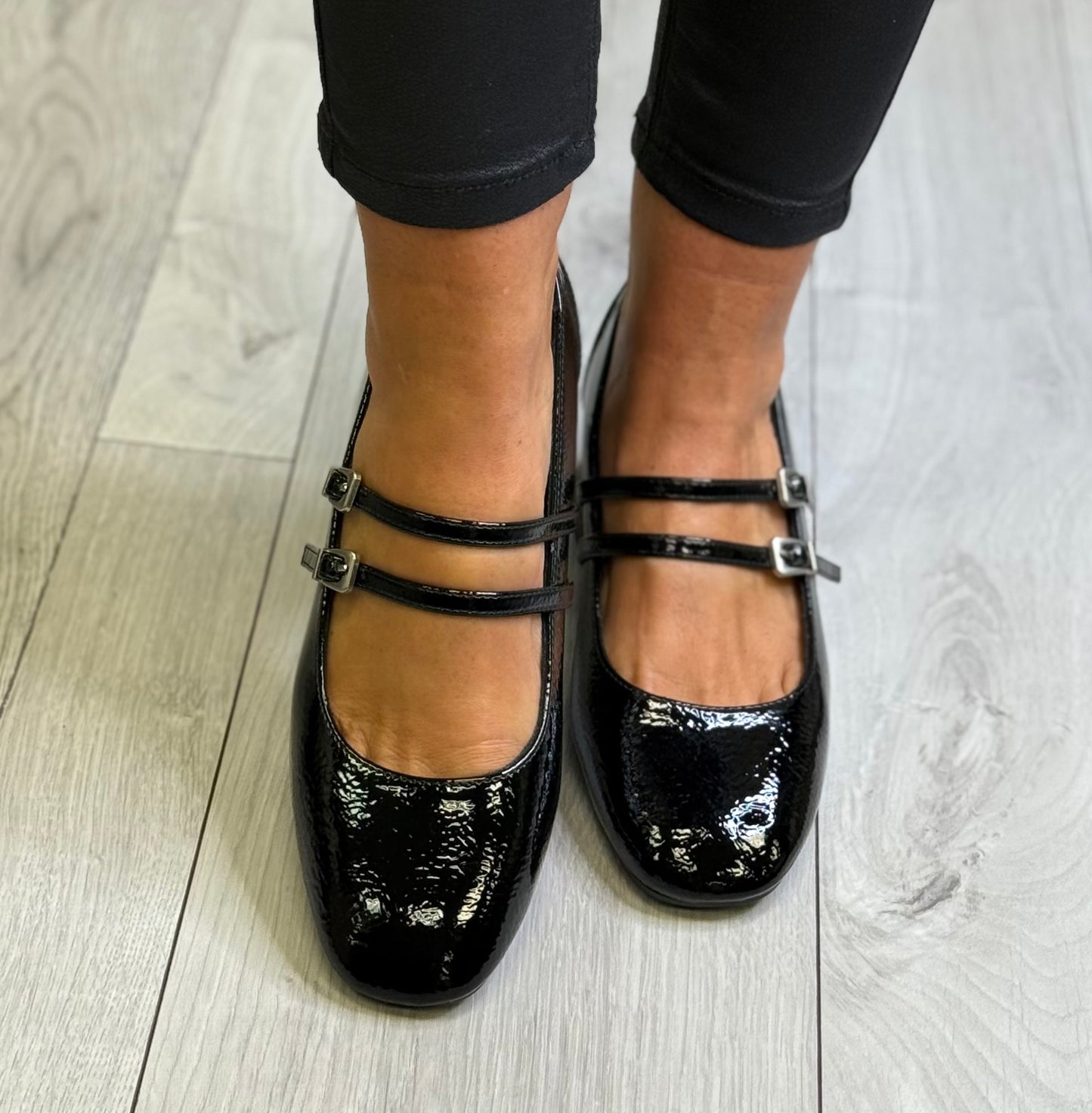 Xti - Black Patent Strap Block Heel Shoe (144255)