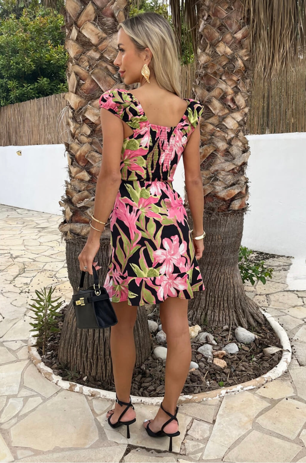 AX Paris - Pink Tropical Flower Print Tie Front Mini Dress