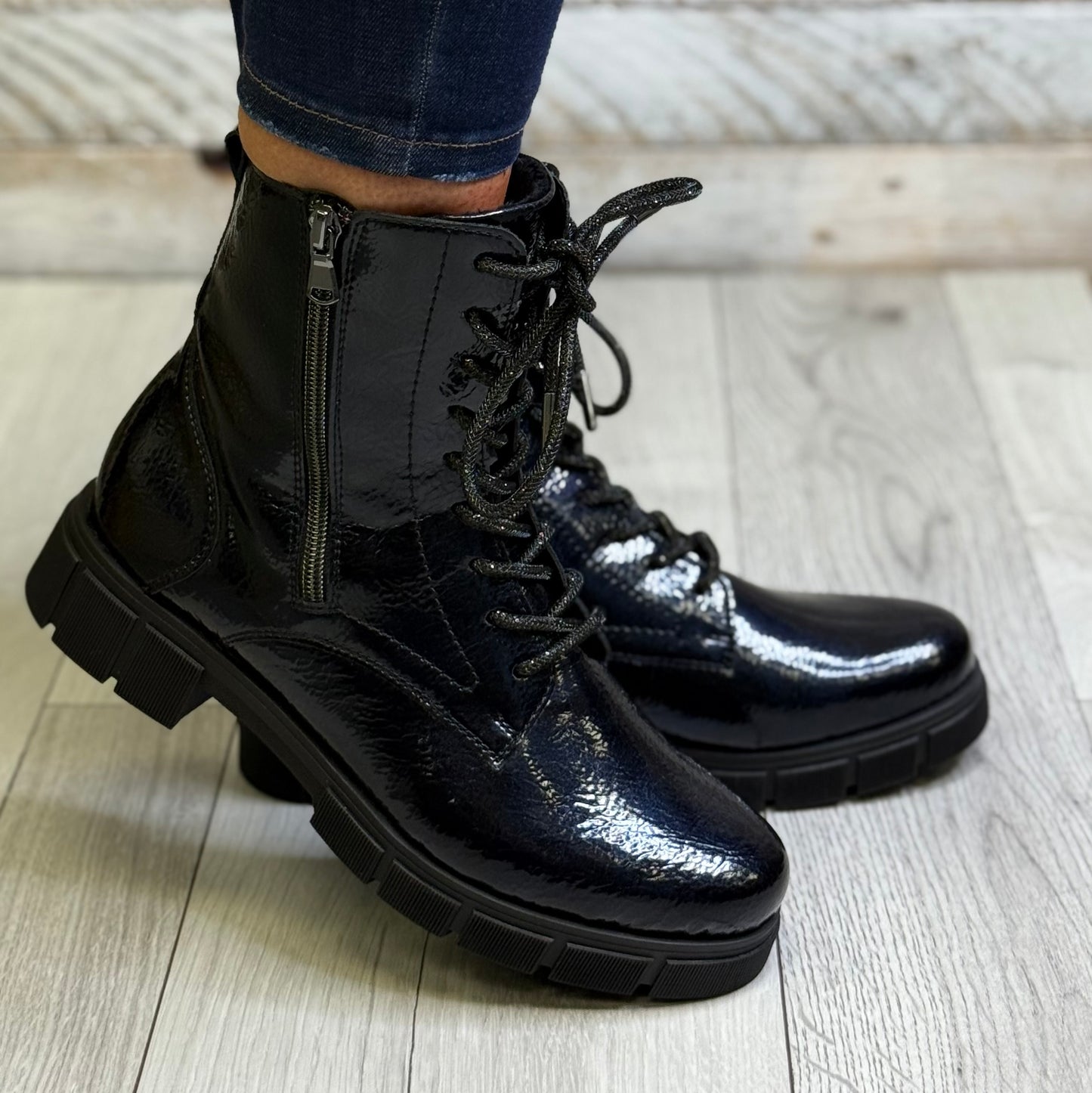 Remonte - Navy Patent Side Zip Boot