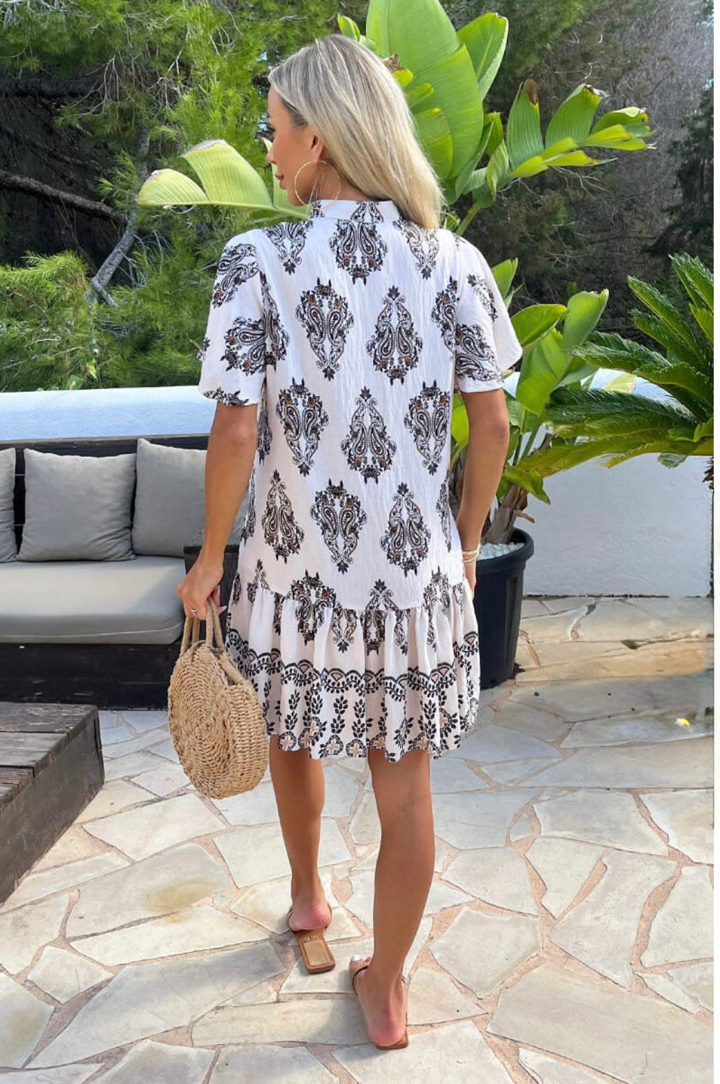 AX Paris - Cream Paisley Print Button Front Frill Hem Mini Dress
