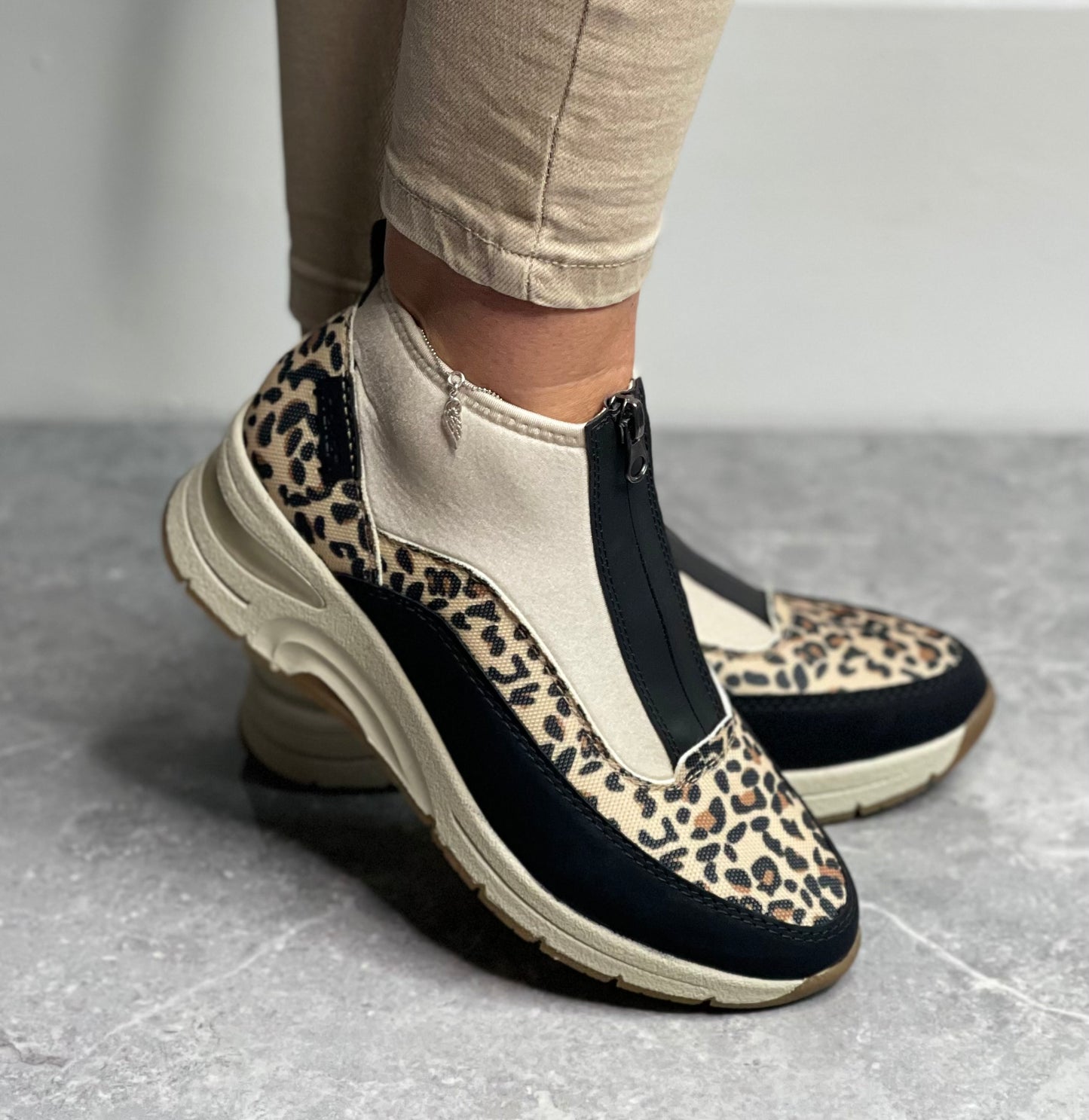 Rieker - Beige/Animal Print Front Zip Sock Trainer Boot