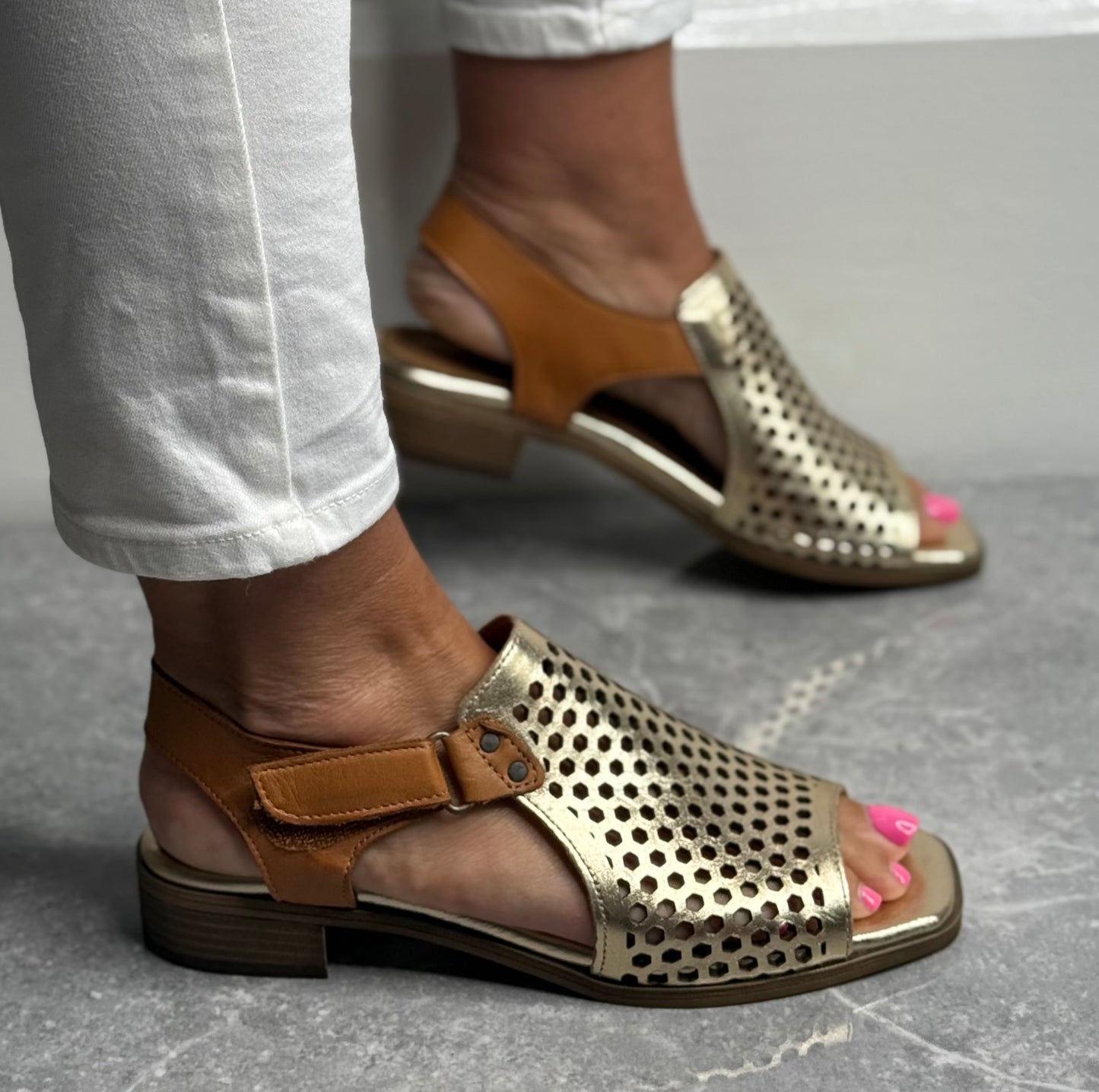 Hannah K - 'Beatrice' Gold Open Detail Leather Sandal
