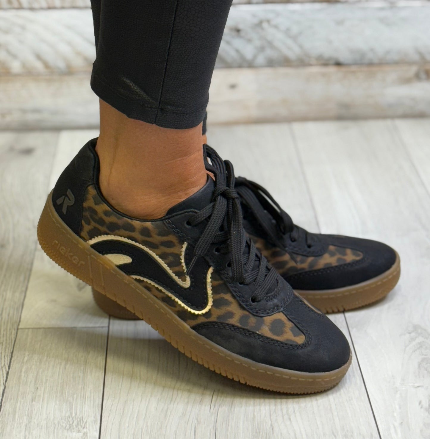 Rieker - Black/Animal Print Gum Sole Trainer