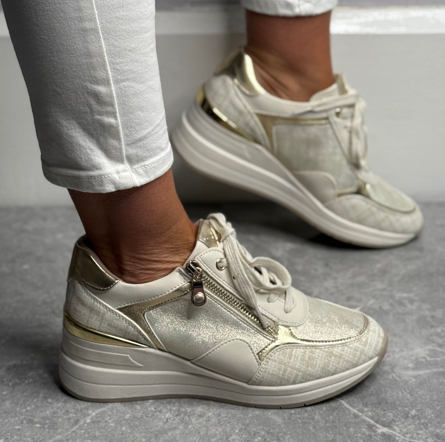 Lunar - 'Aura' Beige Metallic Wedge Trainer