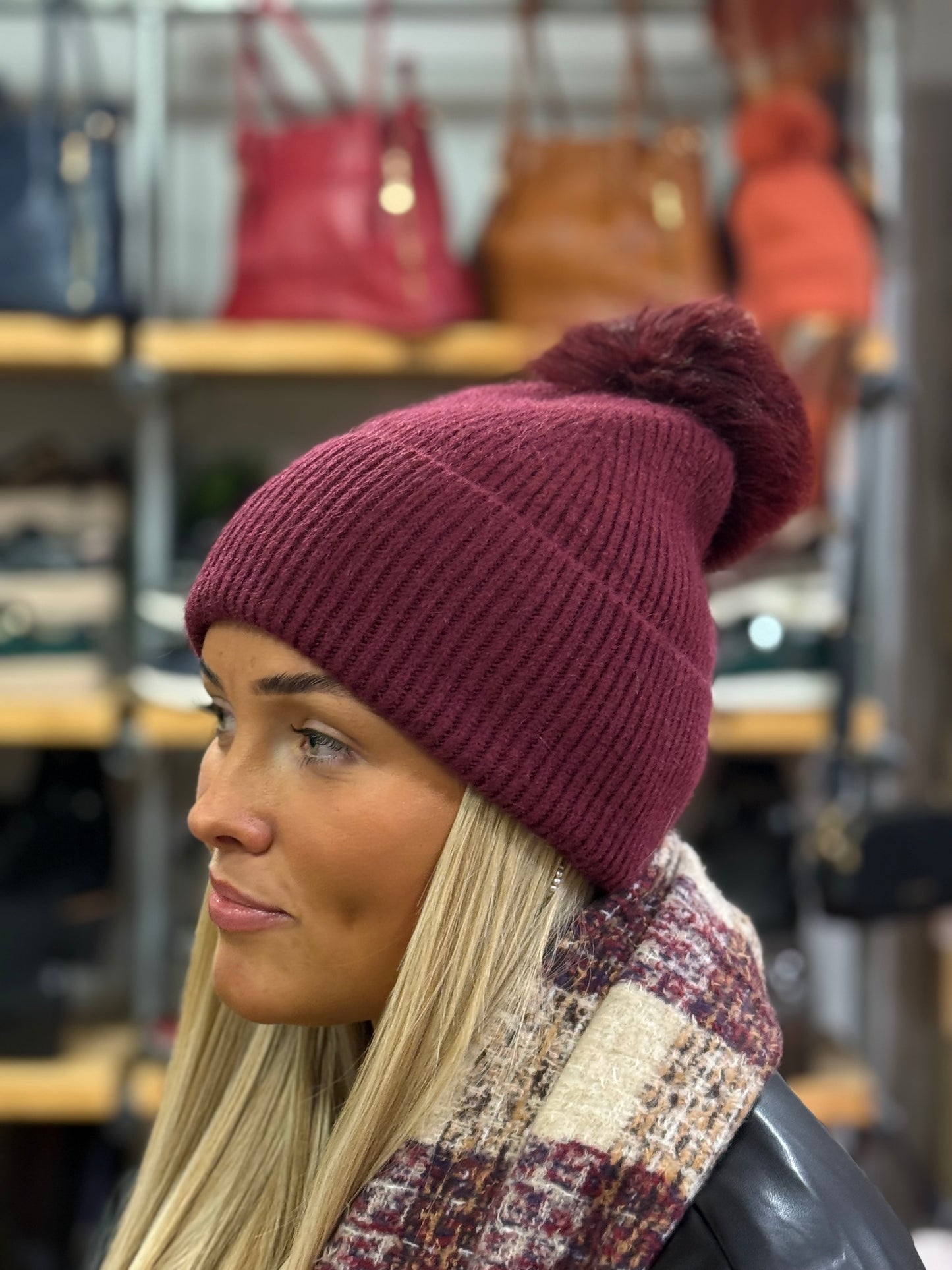 hannah k - Burgundy Teddy Pom Pom Hat