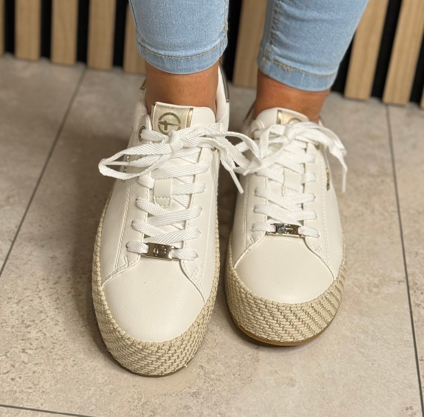 Tamaris - White/Gold Woven Sole Platform Trainer