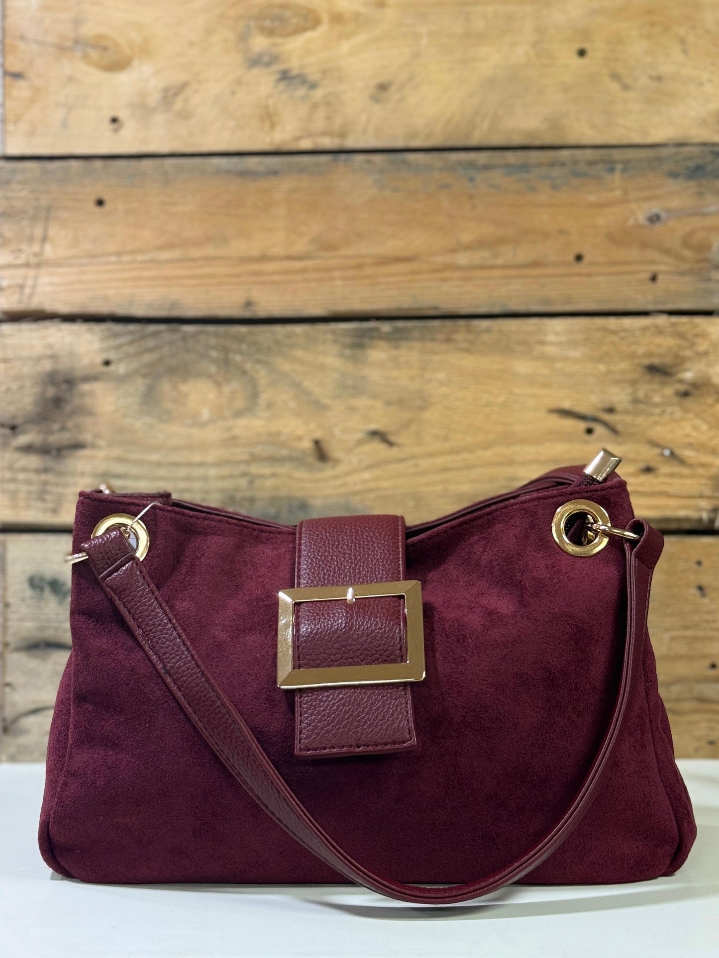 hannah k - 'Ciara' Burgundy Faux Suede Buckle Bag