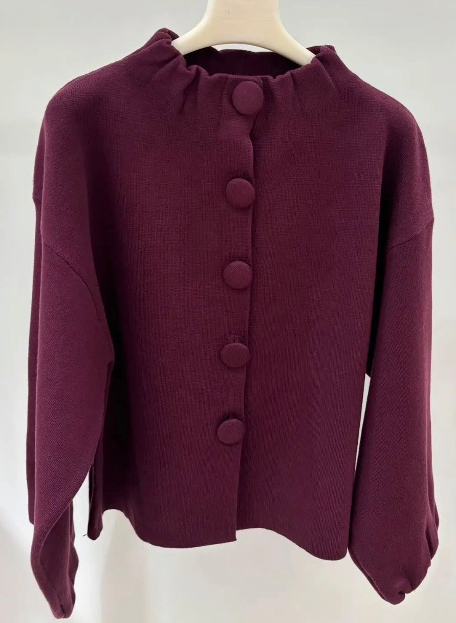 Burgundy High Neck Ruched Sleeve Cardi