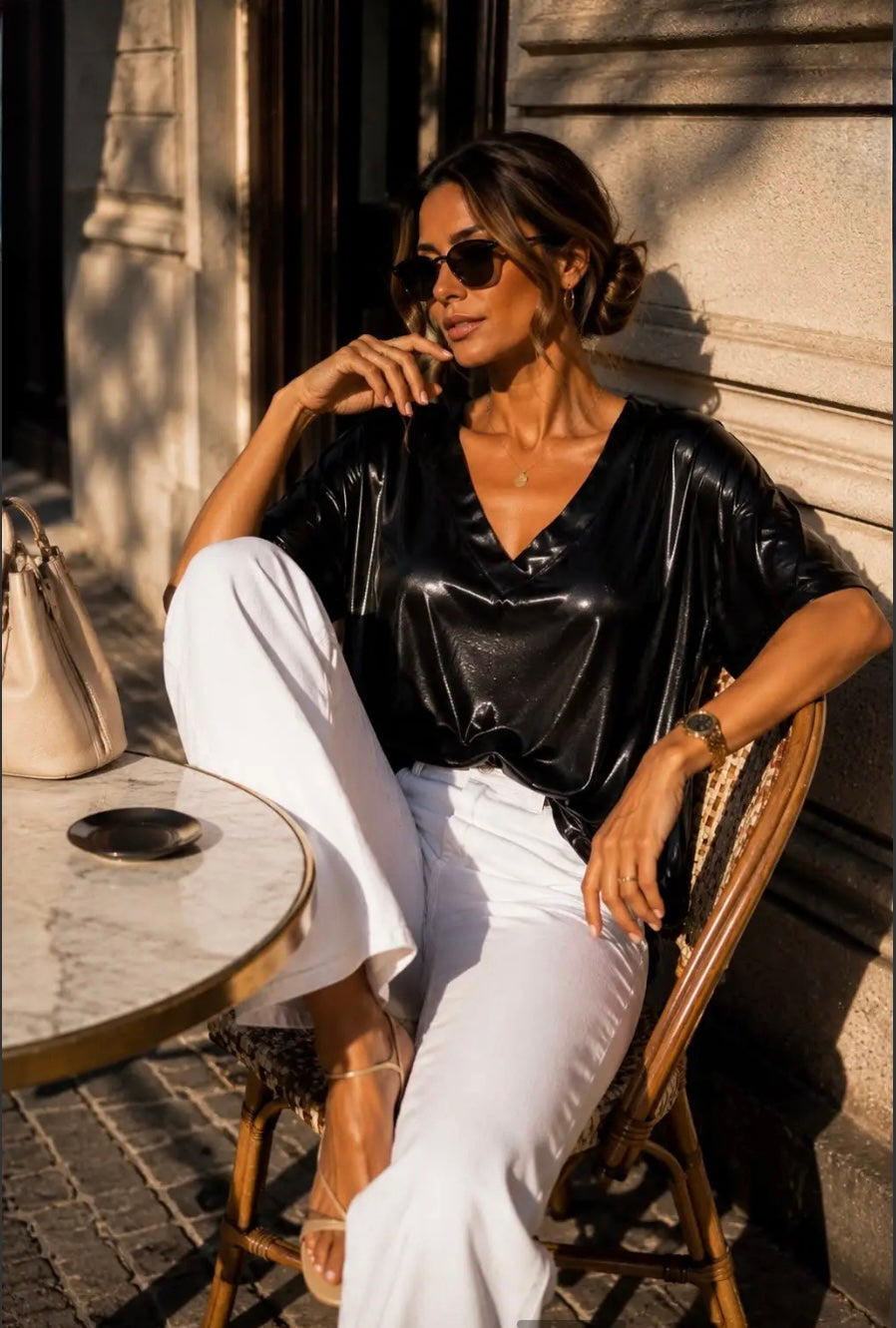 Black Metallic V Neck Tee