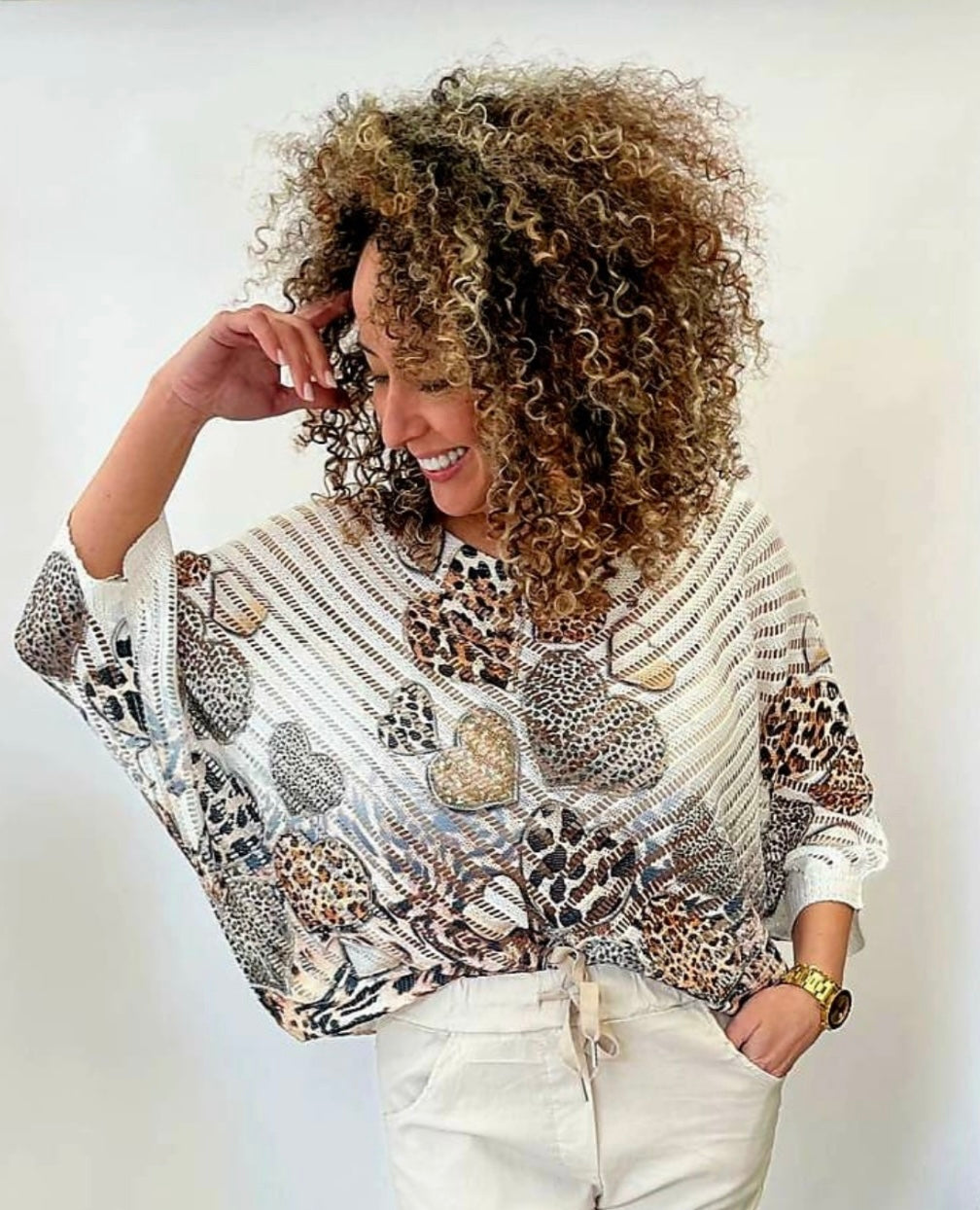 Cream Print Batwing Knit