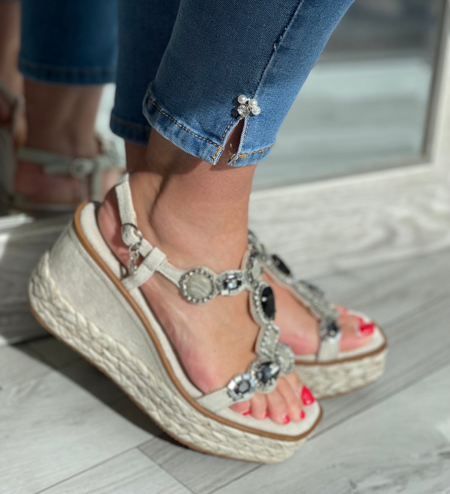 Xti - Light Grey Jewelled Wedge Sandal