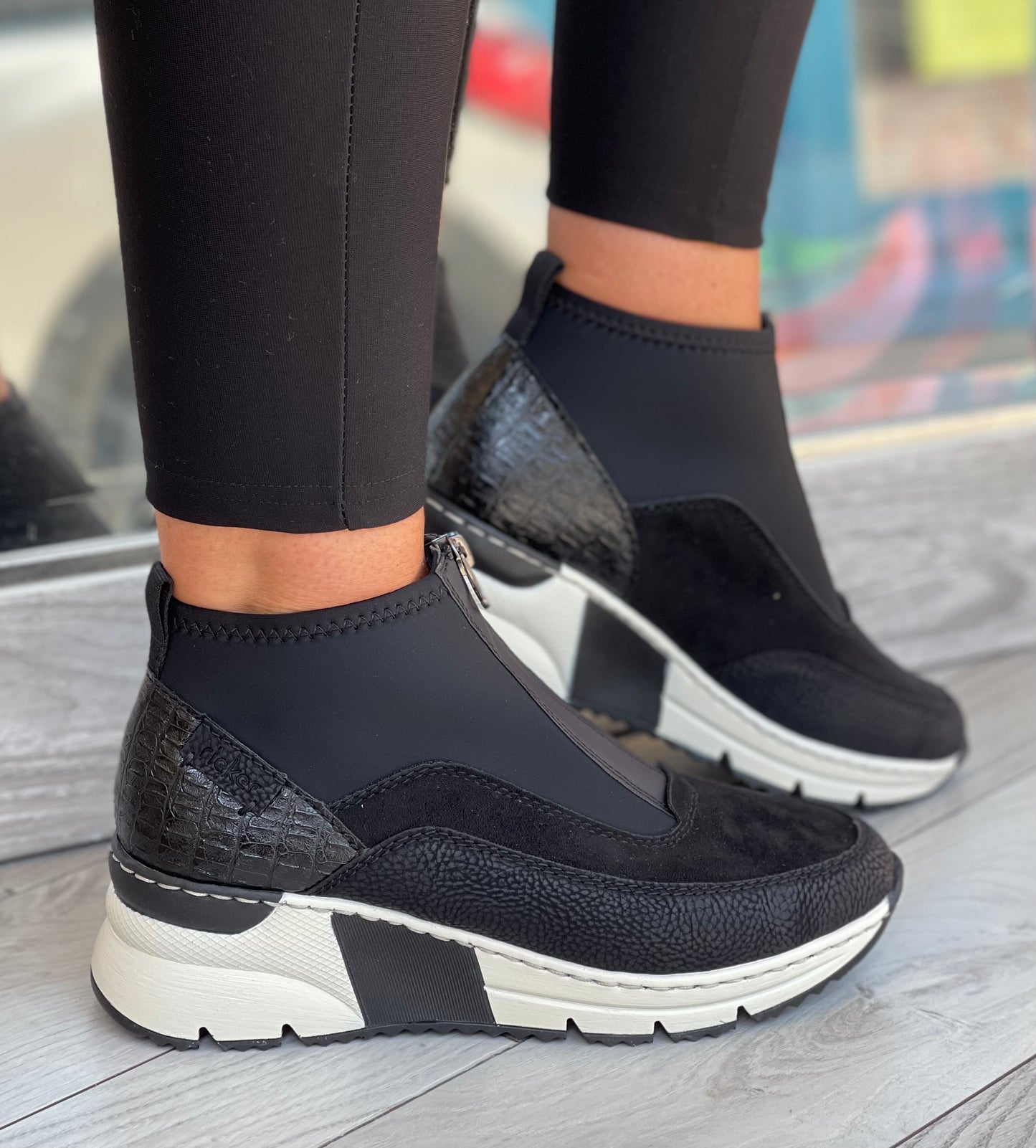 Rieker - Black Front Zip Sock Trainer