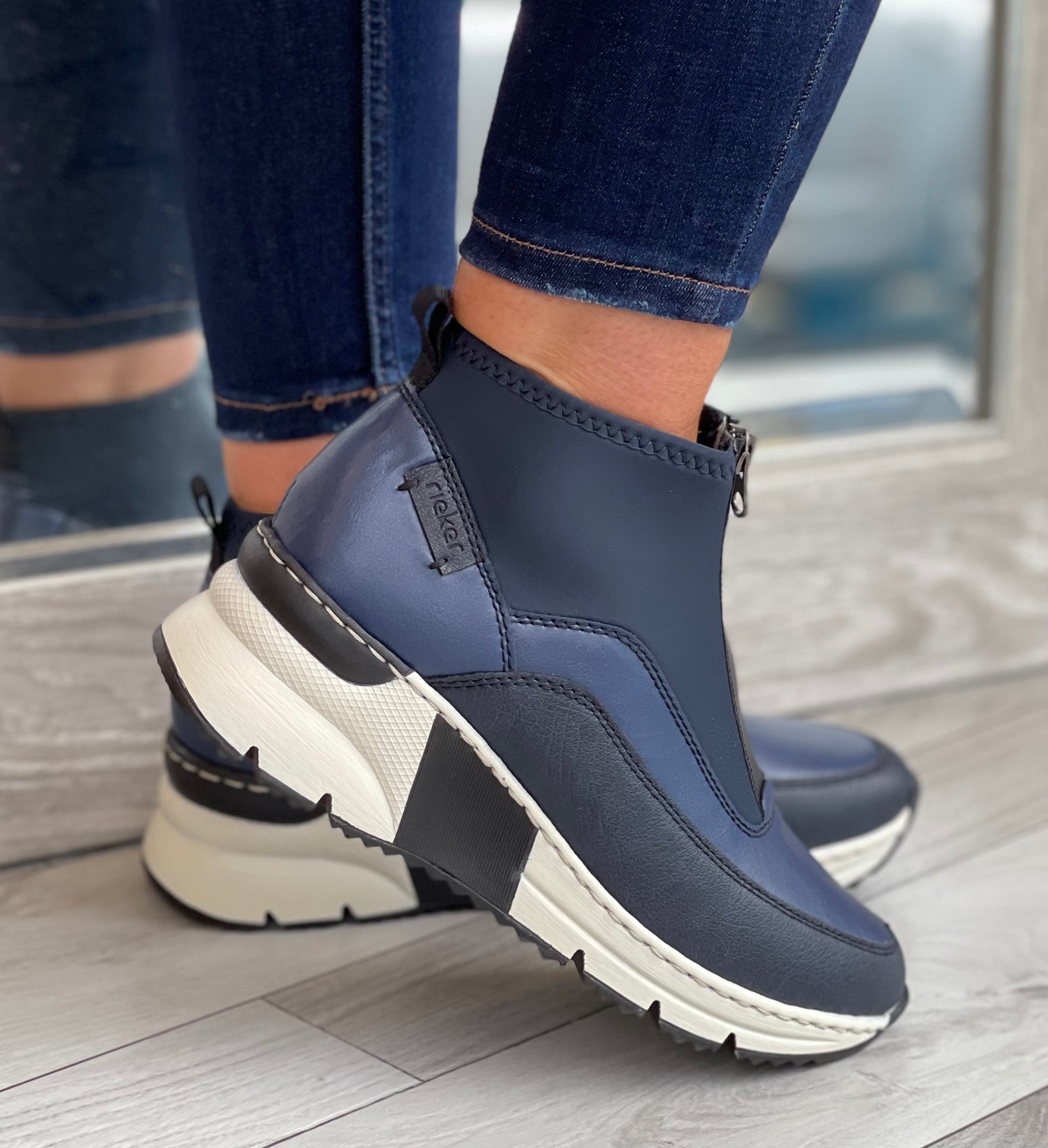 Rieker - Navy Front Zip Sock Trainer