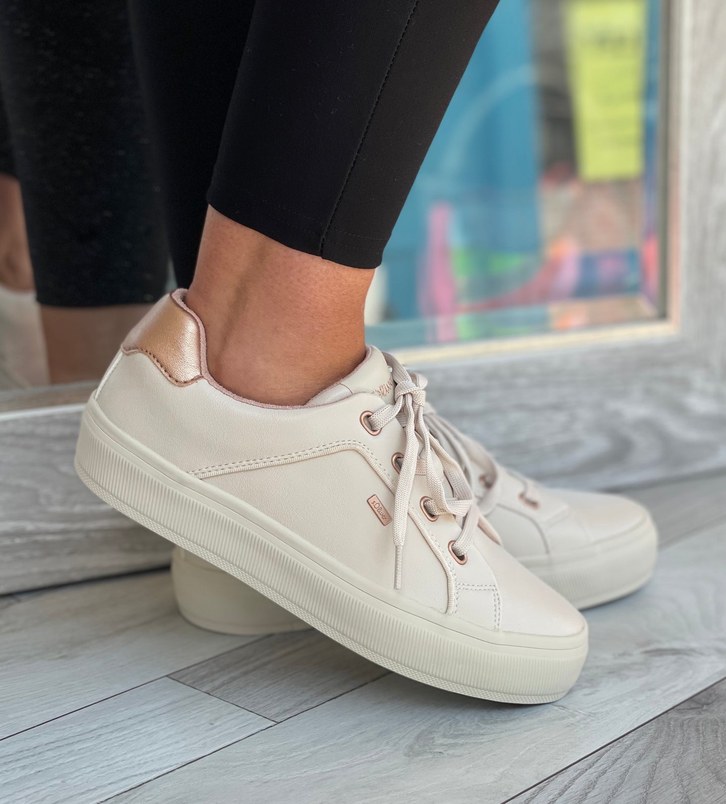 S Oliver - Ecru/Rose Gold Platform Trainer