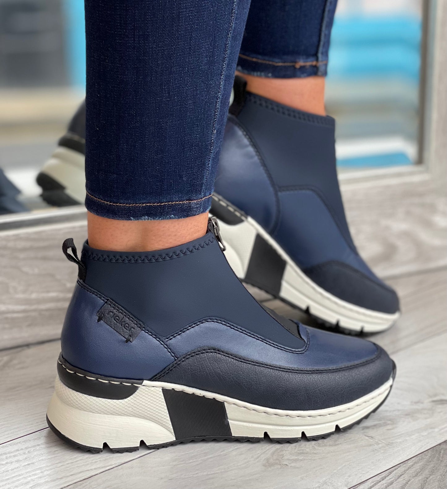 Rieker - Navy Front Zip Sock Trainer