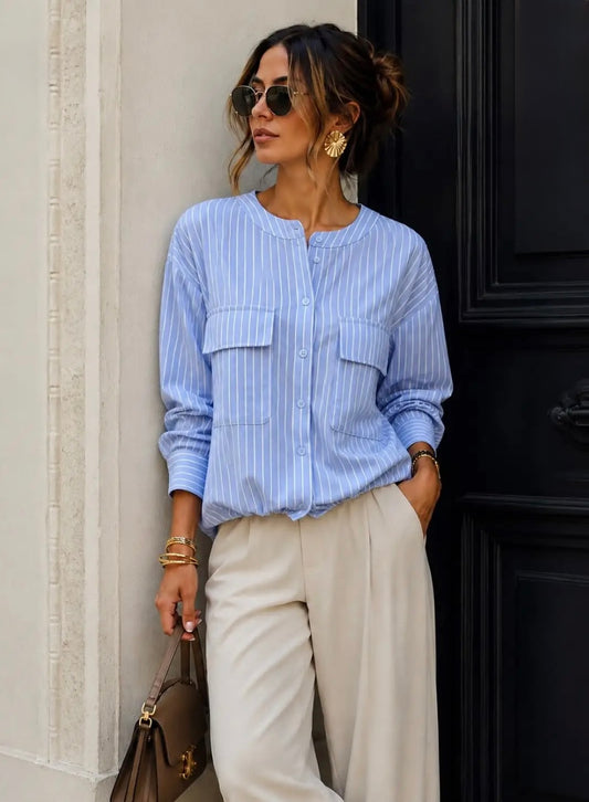 Light Blue  Striped Shirt With Drawstring