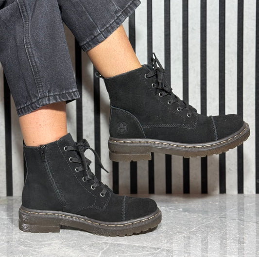Rieker - Black Suede Lace Up Boot